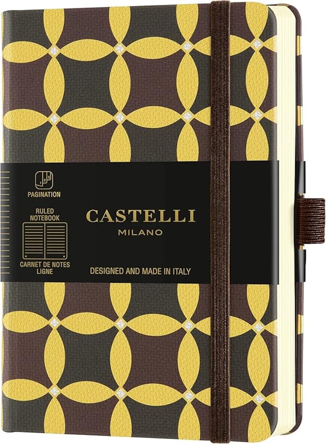 Castelli 85 GSM Pocket Lined Notebook, 9 cm x 14 cm Size, Black/Gold